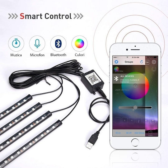 Benzi Led Auto Multicolore RGB 12 Leduri X 4 Benzi Control Prin Aplicație Bluetooth Android