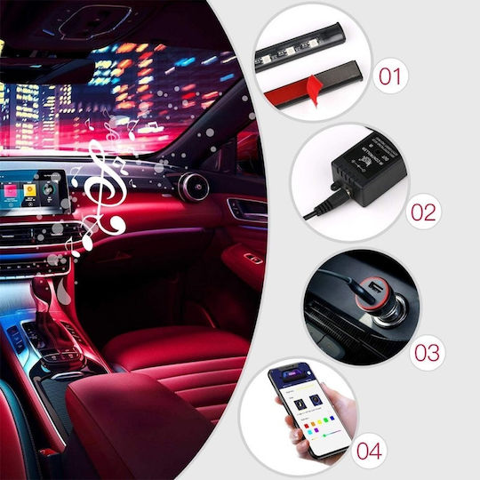 Benzi Led Auto Multicolore RGB 12 Leduri X 4 Benzi Control Prin Aplicație Bluetooth Android