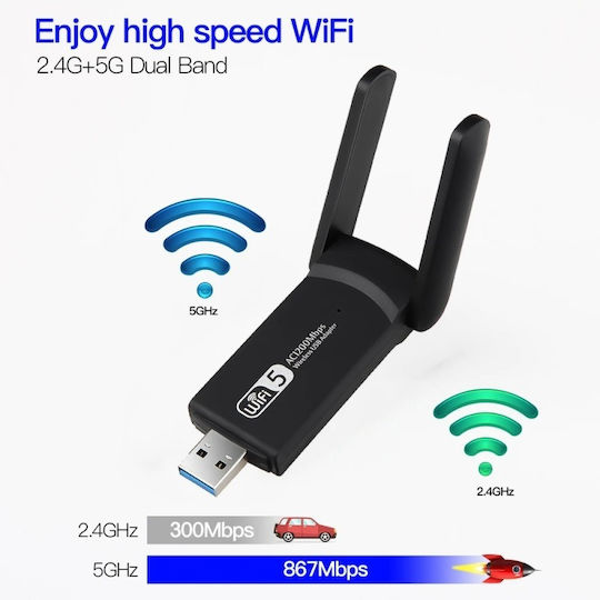 Безжичен Ac 1300 Двуобхватен Адаптер 1200mbps Usb 3.0 2.4g/5g Дълъг Обхват 2 Антени Черен