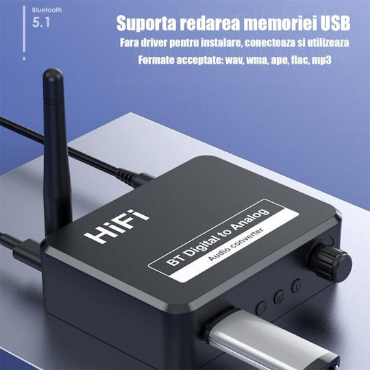 Convertor Audio Digital La Analog Ot13 Compatibil Bluetooth 5.1 Usb 3.5 Mm Aux Cablu Audio Optic Rca Negru