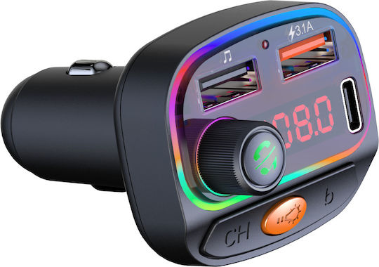 Osio Oft-4265bt Bluetooth FM Предавател За Кола 2×USB-A + 1×USB-C Hands-Free и Осветление в 7 Цвята Черен Osio