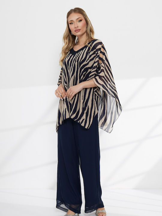 Women's Blue Set with Loose Fit Leopard Trousers