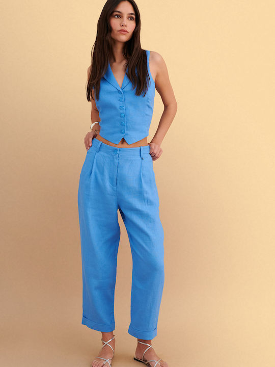 Women's Linen Trousers in Straight Leg Blue