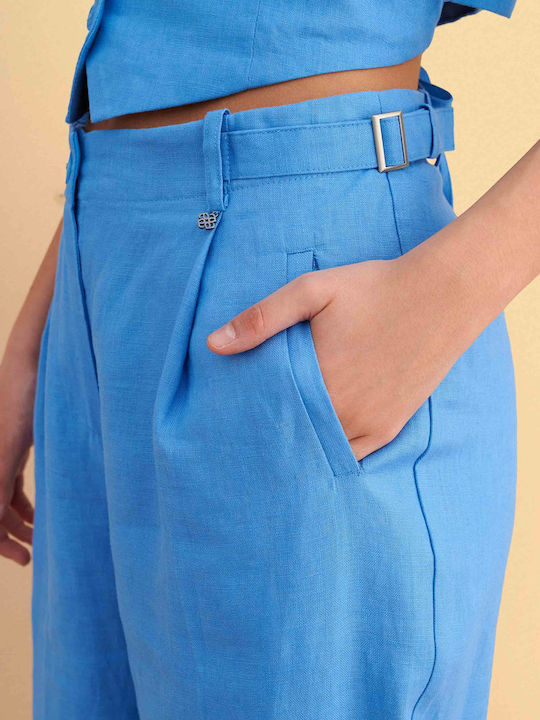 Women's Linen Trousers in Straight Leg Blue