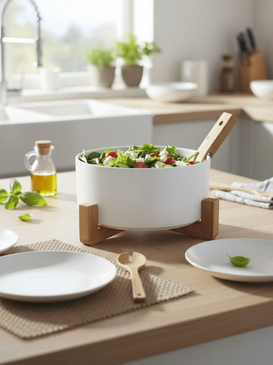 Cryspo Trio Salatschüssel mit Salatbesteck aus weißem Porzellan 23x8,5cm