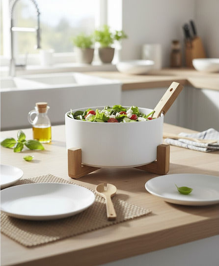 Cryspo Trio Salatschüssel mit Salatbesteck aus weißem Porzellan 23x8,5cm