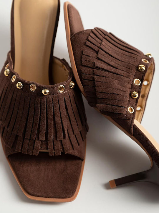 Pantofi Mules Dama De Catifea Cu Toc Subțire Înalt Maro K26-353-EL-843-KAFE