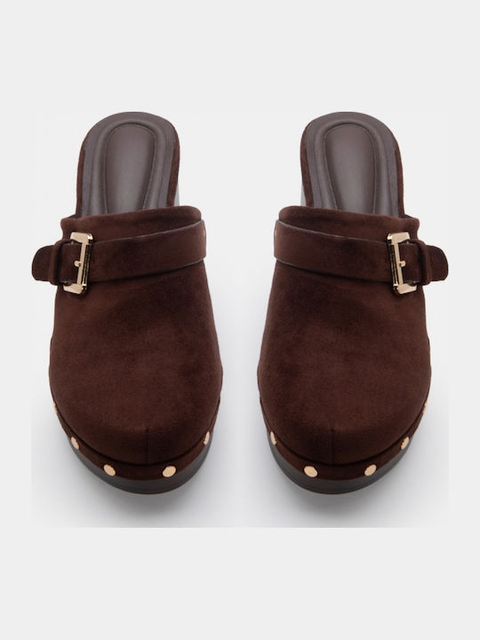 Suede Damen Pantoletten mit Hoch Absatz in Braune Farbe