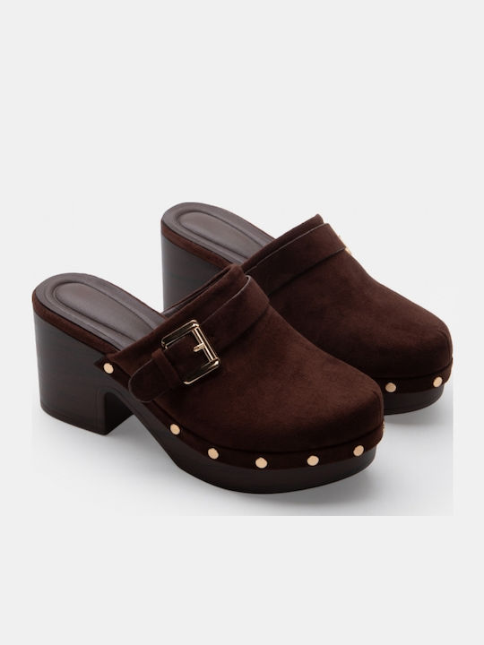 Suede Damen Pantoletten mit Hoch Absatz in Braune Farbe