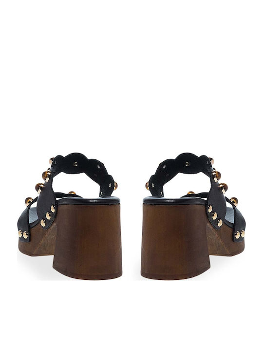 Leather Mules with Chunky High Heel in Black Colour