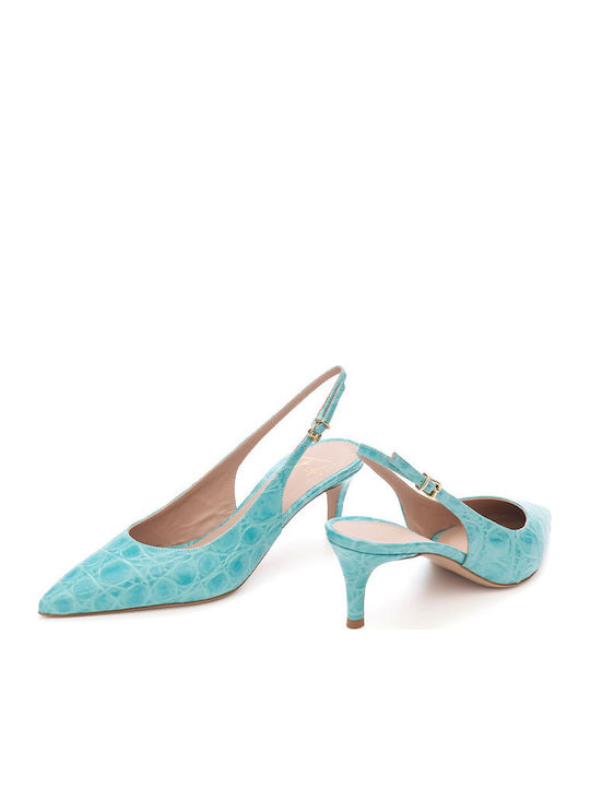 Leather Pointed Toe Heels with Mid Heel Light Blue