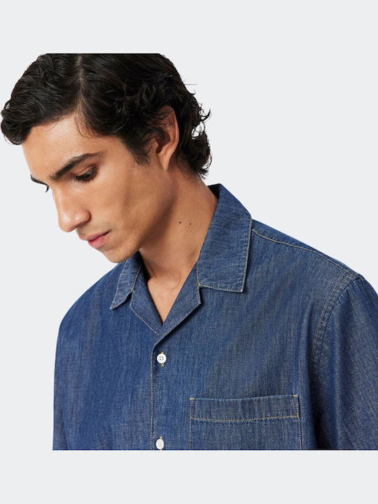 Short Sleeve Cotton Shirt in Wide Line Blue