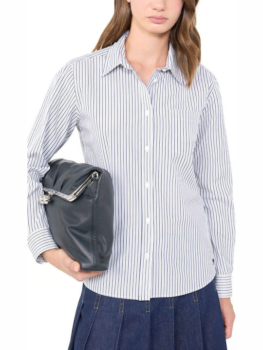 Long Sleeve Women's Shirt White-Blue Striped