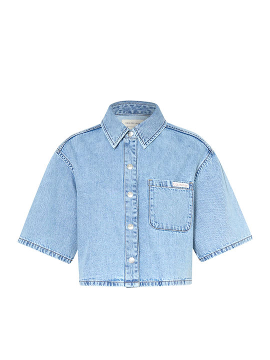Short Sleeve Women's Denim Shirt Vintage Moss