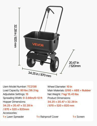 Vevor TCSBJ80LBS12D3MUC001V0 Wheeled Seeder with 36.3kg Capacity
