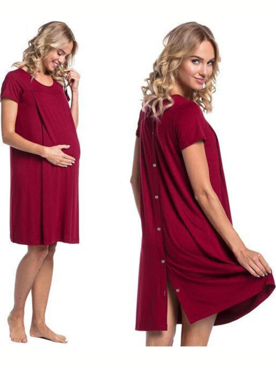 Short Sleeve Maternity Nursing Dress Red Cotton-Polyester