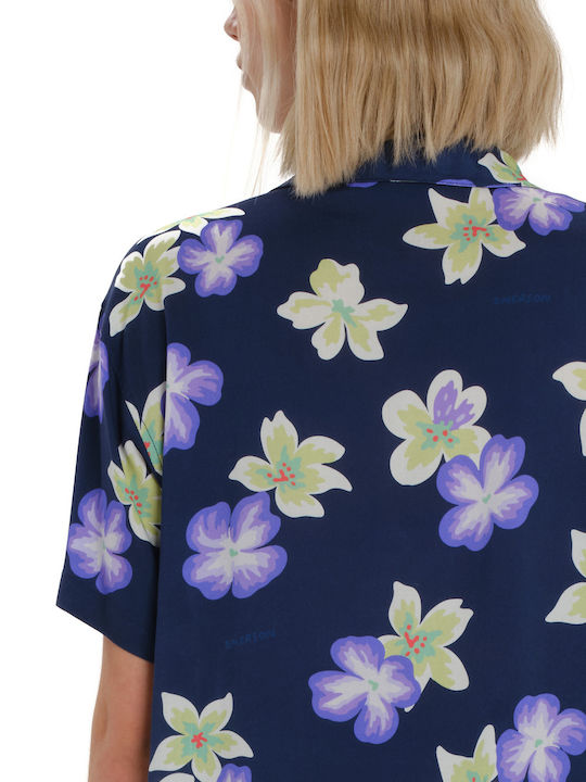 Kurzärmeliges Damenhemden Denim Marineblau Blumen 261.EW61.23PR-Pr570c-Marineblau