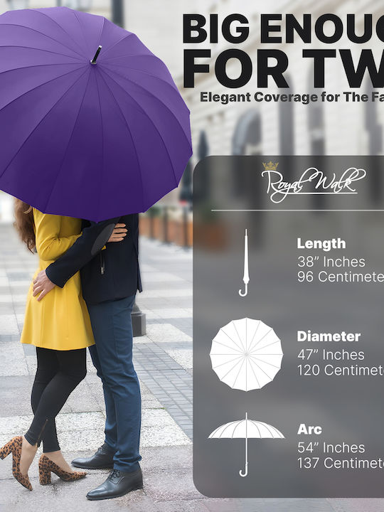 Royal Walk Антиветрена Автоматична Чадър за Дъжд с бастун за ходене Лилав Royal Walk Антиветрена Автоматична Чадър за Дъжд с бастун за ходене Лилав