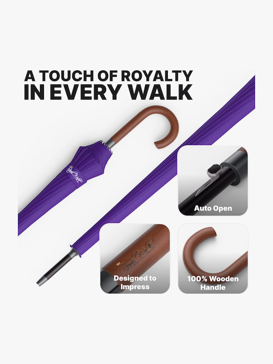Royal Walk Антиветрена Автоматична Чадър за Дъжд с бастун за ходене Лилав