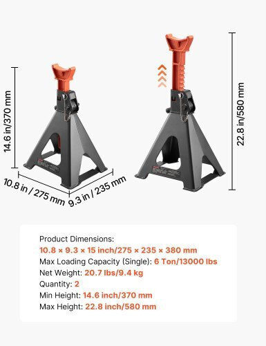 Vevor Jack Bases Capacity 6 Tons 13,000 Pounds Adjustable Height 370-580 Mm Heavy Duty Steel Automatic Jack Bases Double Locking Lifting Small Trucks Cars SUV 1 Pair Black Orange