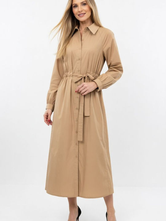 Rochii De Vară Pentru Femei Midi Rochie-Cămașă Mânecă Lungă Bej