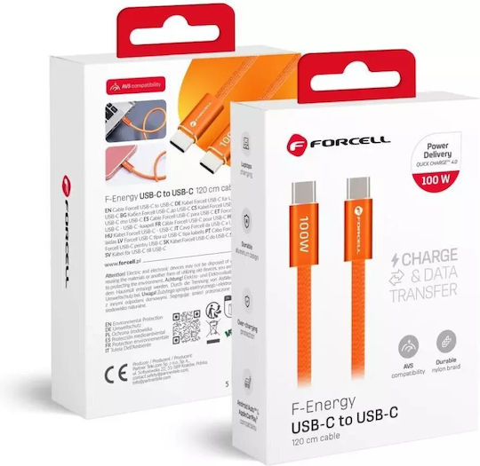 Forcell Flat USB 2.0 Cable USB-C Male - USB-C 100W Orange 1.2m