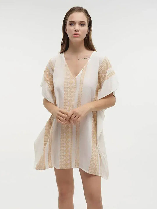 Ble Resort Collection One Size 100% Γυναικείο Καφτάνι Παραλίας Ασπρο/χρυσο