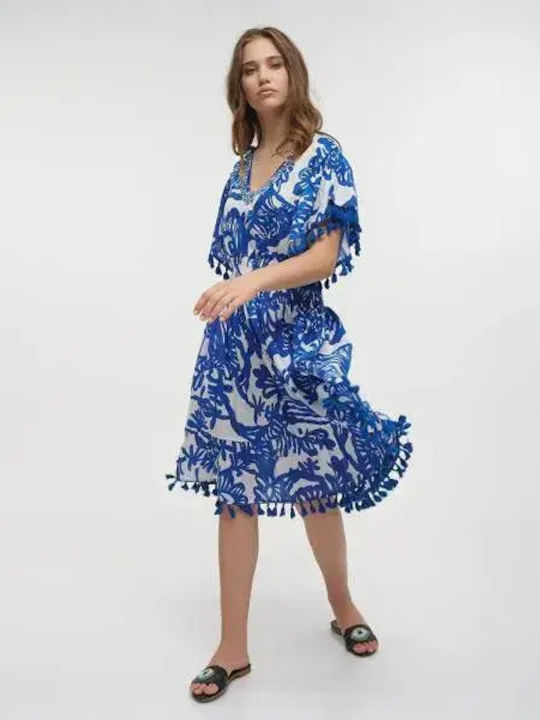 Ble Resort Collection One Size 100% Women's Mini Beach Caftan Blue White