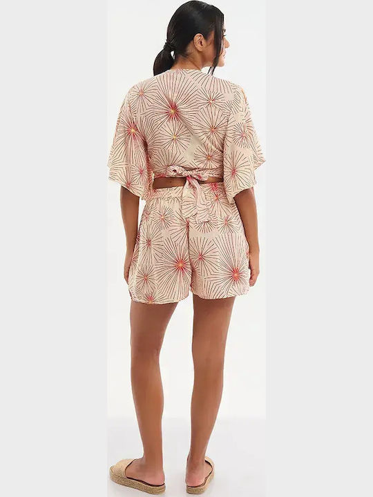 Damen-Shorts Beige Mit Rote/Goldene Blumen