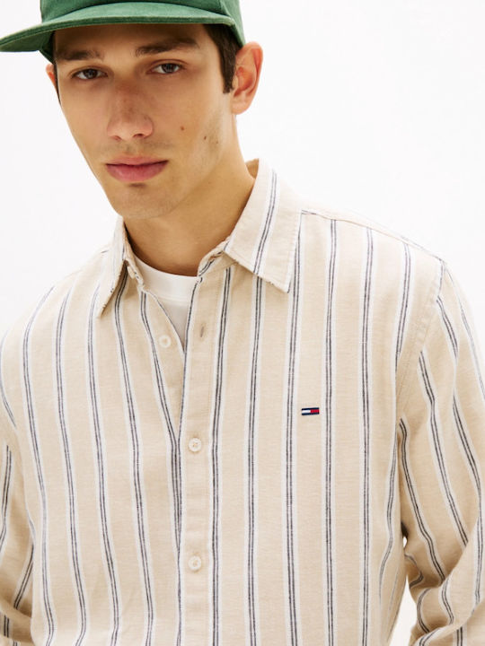 Long Sleeve Linen Shirt in Regular Fit Striped Beige/Blue