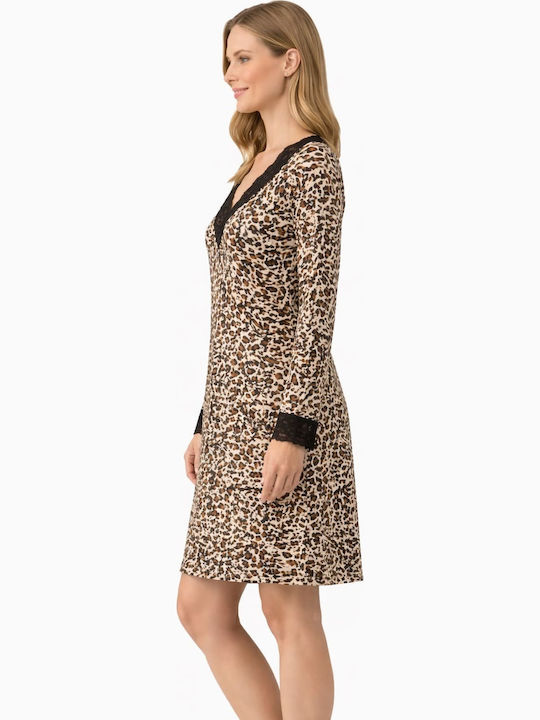 Caress Winter Damen Nachthemd Animal Print Braun