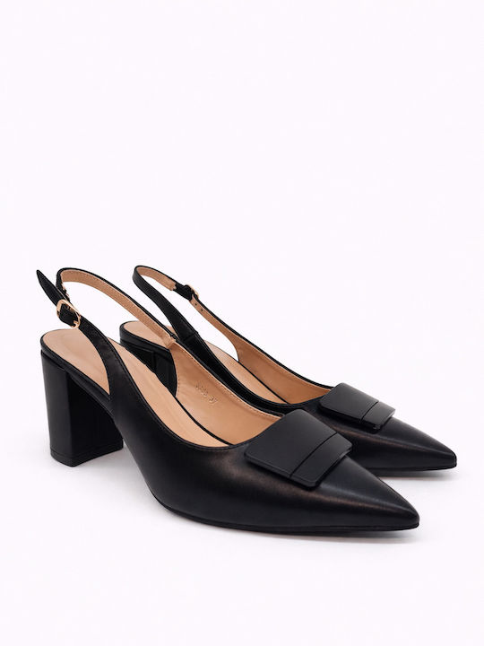 Pointed Toe Heels with Strap & Chunky High Heel Black