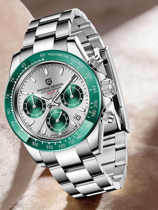 Pagani Design Ceas Barbatesc 40mm Cronograf cu Baterie cu Brățară Metalică Argintie