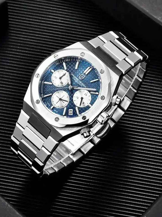 Pagani Design Ceas Barbatesc 40mm Cronograf Cu Baterie Cu Brățară Metalică Argintie