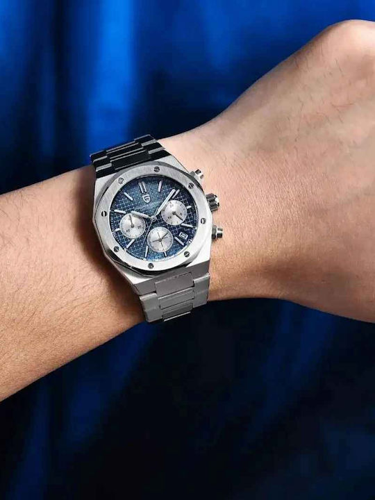 Pagani Design Ceas Barbatesc 40mm Cronograf Cu Baterie Cu Brățară Metalică Argintie