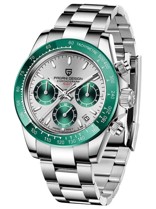 Pagani Design Ceas Barbatesc 40mm Cronograf cu Baterie cu Brățară Metalică Argintie