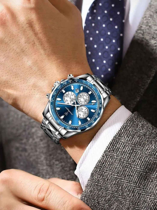 Poedagar Ceas Barbatesc 44.5mm Cronograf cu Baterie cu Brățară din Metal Argintie