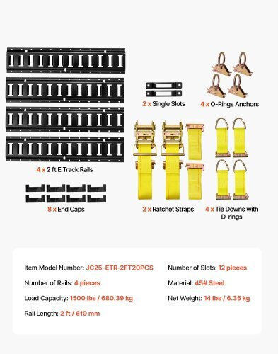 Vevor E-track Tie-down Rail Kit 4 Pack 0.6 M E Track Rails 20 Pcs Includes 2 Ratchet Straps & 4 O-rings & 4 Tie-offs D-ring & 2 Single Slots & 8 End Caps Fit Garages Vans Trailers