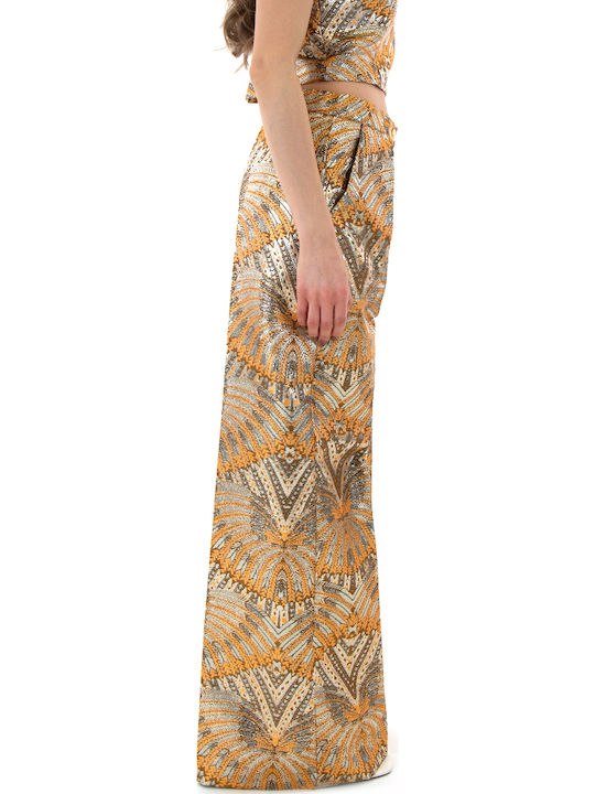 Women's High Rise Pantaloons in Wide Leg Style Brown-Yellow-Gold