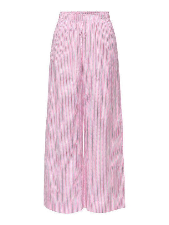 Wide Women's Pantaloons with Rubber Band in Wide Leg Striped Pink