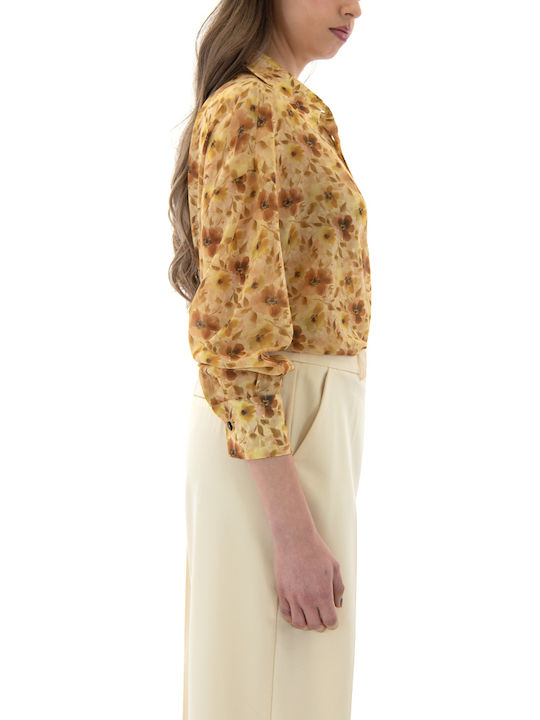 Long Sleeve Women's Shirt Brown Yellow Beige Floral