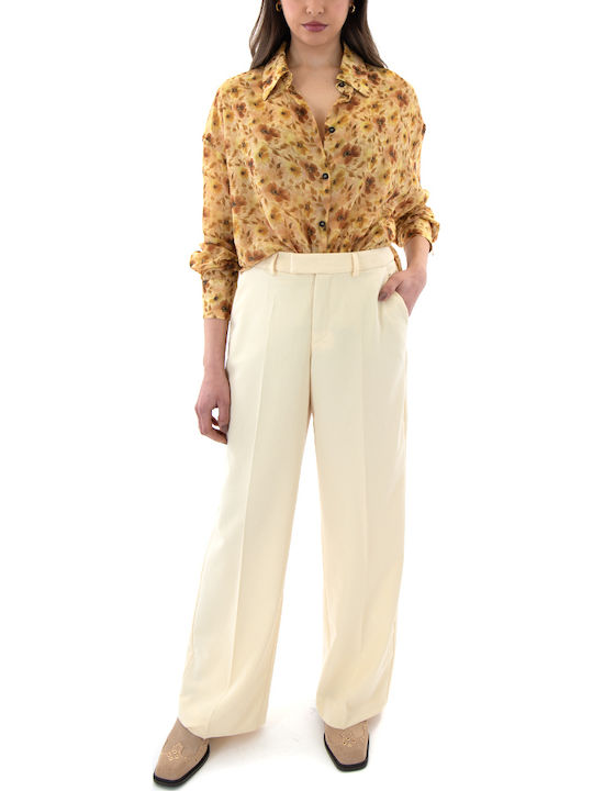 Long Sleeve Women's Shirt Brown Yellow Beige Floral