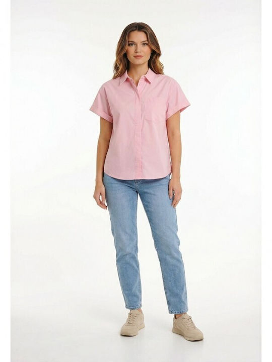 Short Sleeve Women's Cotton Shirt Pink