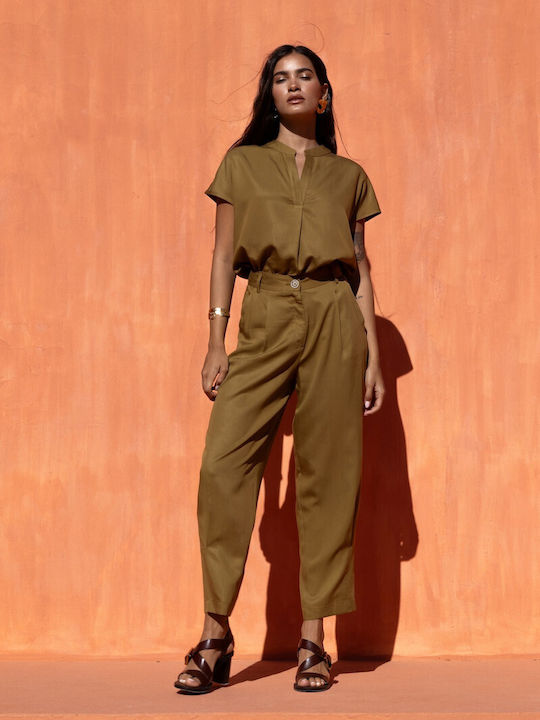 Short Sleeve Women's Satin Shirt Olive