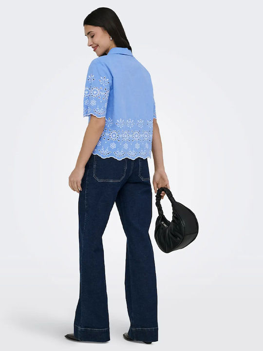 Short Sleeve Women's Denim Shirt Light Blue