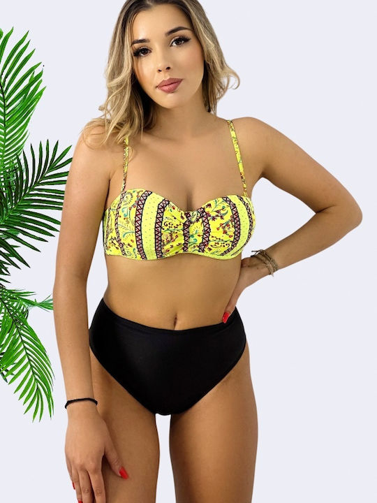 Set Bikini Push Up Talie Înaltă Floral Galben
