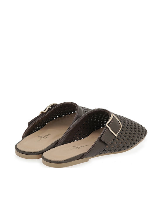 Flat Leather Mules in Brown Colour