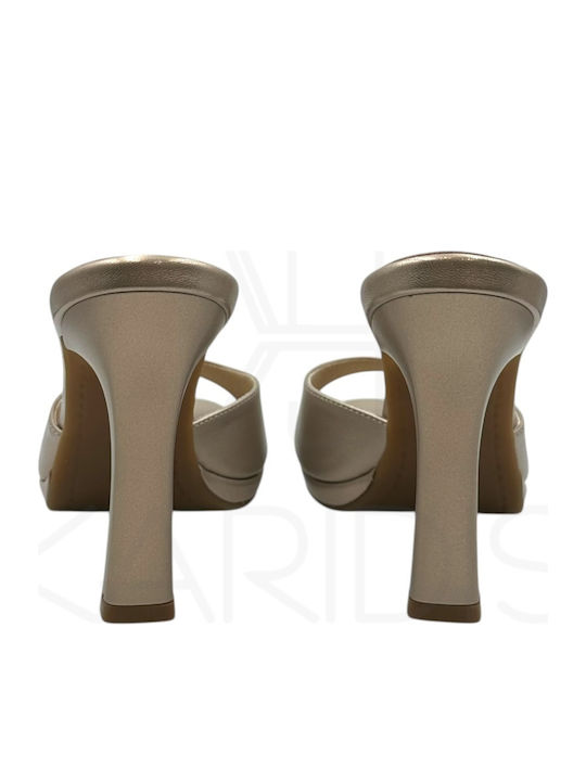 Leather Mules with Heel in Gold Colour