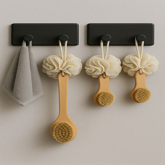Femmit Set of 4 Adhesive Wall Hooks 8 Positions Organization Without Drilling Bathroom & Kitchen 10 x 6 cm Black
