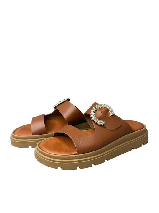 Δερμάτινα Γυναικεία Ανατομικά Σανδάλια Flatforms Καφέ